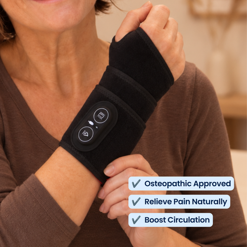 Close-up of a woman's wrist wearing the LumoRelief Hand & Wrist Relief Wrap, showing the control buttons, with on-image text 'Osteopathic Approved', 'Relieve Pain Naturally' and 'Boost Circulation'