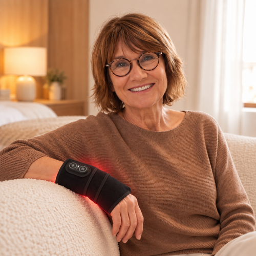 Smiling older woman sitting on a couch wearing the LumoRelief Hand & Wrist Relief Wrap on her wrist, red light glowing through the fabric