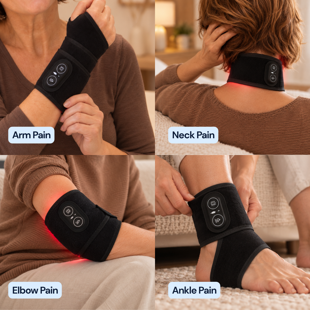 Four-panel image showing the LumoRelief Hand & Wrist Relief Wrap worn on the arm, neck, elbow and ankle, labelled Arm Pain, Neck Pain, Elbow Pain, Ankle Pain