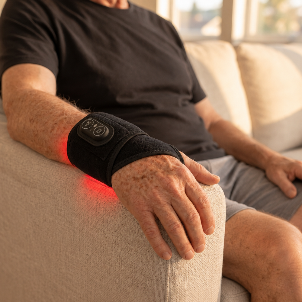 Man sitting on a couch wearing the LumoRelief Hand & Wrist Relief Wrap on his wrist, red light glowing