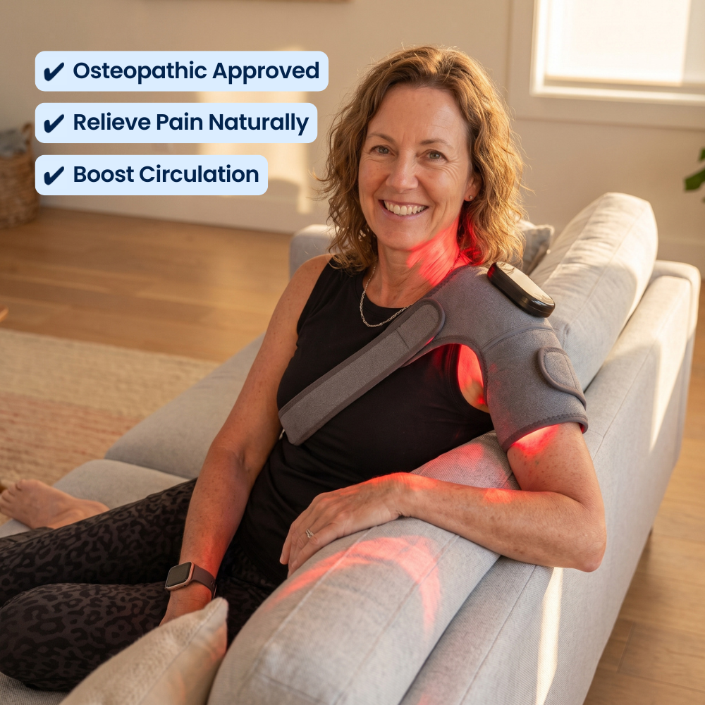 Woman relaxing on a couch wearing the LumoRelief Heat Therapy Brace on her shoulder, red light glowing through the fabric, with on-image text 'Osteopathic Approved', 'Relieve Pain Naturally' and 'Boost Circulation'